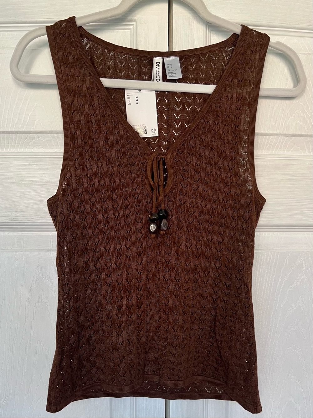 H&M POINTELLE-KNIT TIE BEAD DETAIL SLEEVELESS TOP Brown M size NWT